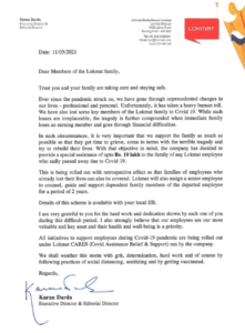 Lokmat Parivar "has decided that if any of their employees die from the corona, the company will provide financial assistance of Rs 10 lakh to its dependents. The Working Journalists of India have welcomed the Lokmat Parivar's initiative.
